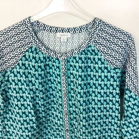 NWOT Sundance Long Sleeve Button Front Mixed Contrast Print Top - Green/Blue - L - Picture 2 of 8